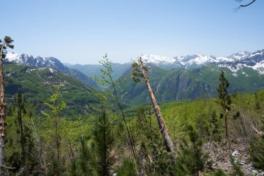 Arnavutluk 'un kuzeyindeki uzak Theth köyündeki dağ manzarası. Fotoğraf Valbona 'dan Theth' e yürürken çekildi.