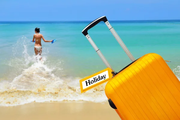 Holiday. suitcase with label. — Stock Photo, Image