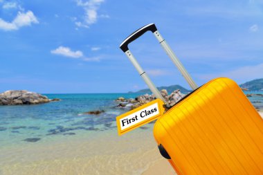 First Class. suitcase with label. clipart