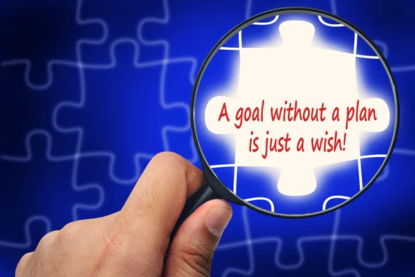 A goal without a plan is just a wish! word. Magnifier and puzzle — Stock Photo, Image