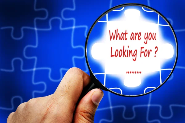 What are you Looking For word. Magnifier and puzzles. — Stock Photo, Image