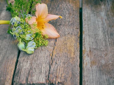 Tahta arka planda yaz çiçekleri.