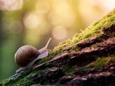 Yavaş üzümlü bir salyangoz, yosun kaplı bir ağacın kabuğuna tırmanıyor. Arka planda güzel bokeh.
