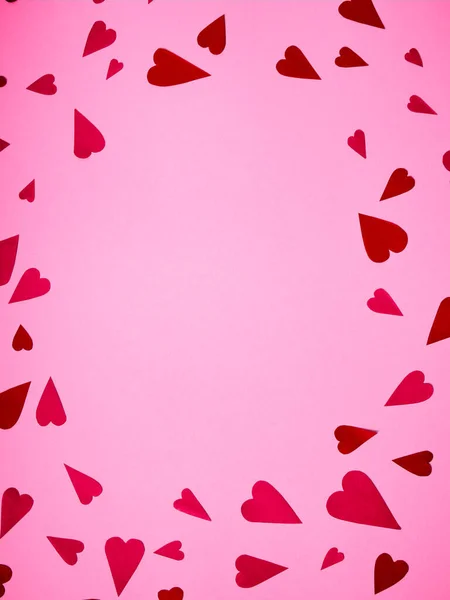 Horní Pohled Červené Růžové Papírové Srdce Rohu Růžovém Pozadí Kopírovacím — Stock fotografie