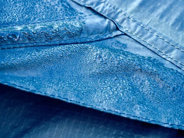 Water Drops Waterproof Membrane Fabric Detail View Texture Blue Synthetic — Stock Photo, Image