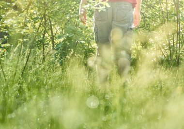 Bir adam çimlerin arasında yürüyor