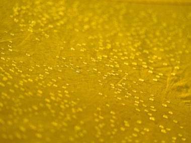 Su geçirmez zar kumaşına su damlıyor. Sarı sentetik su geçirmez kumaşın detaylı görünümü. Çadırda sabah çiği.