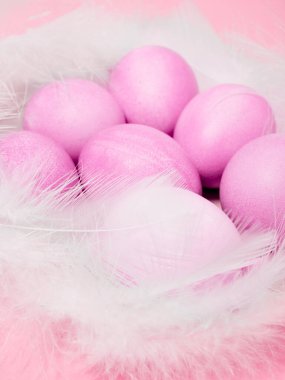 Paskalya yumurtaları ve pembe arka planda tüyler. Mutlu Paskalyalar.