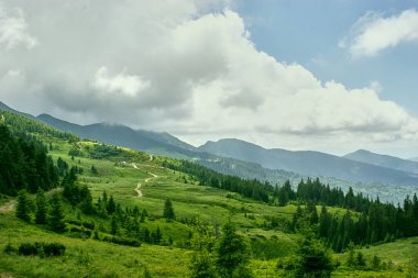 Karpat dağlarında bulutlu gökyüzü ile yaz manzarası. Carpathian, Ukrayna, Avrupa.