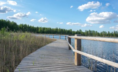 Sıcak bir bahar gününde, gölün kıyı şeridi boyunca tahta köprü izleri.