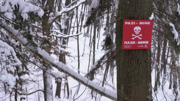 Attenzione Mine Antiuomo Tabella Delle Iscrizioni Albero — Video Stock