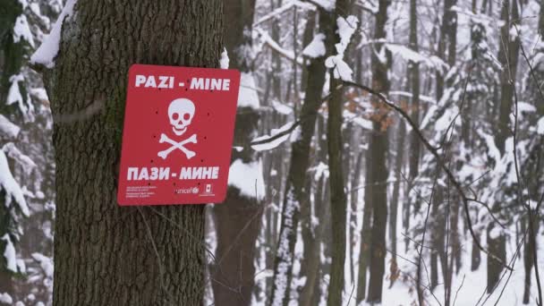 Attenzione Mine Antiuomo Tabella Delle Iscrizioni Albero — Video Stock