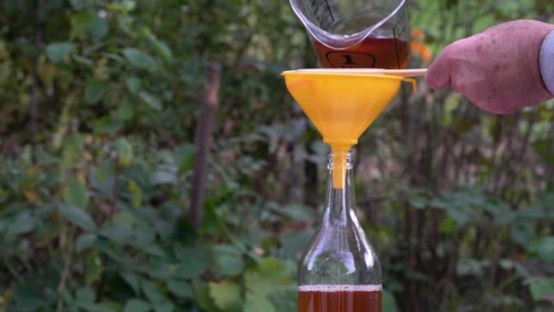 Наливаючи Природне Яблуко Сідерний Оцет Стерильні Скляні Пляшки Acetum — стокове відео