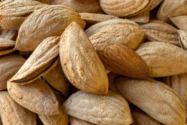 Hele Ongepelde Amandelen Één Geschilde Noot Een Hoop Gekken Natuurlijke — Stockfoto