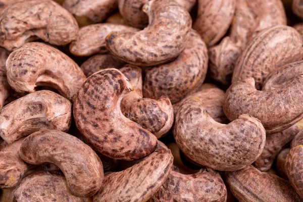 Veel Cashewnoten Dop Close Natuurlijke Achtergrond Voor Het Concept Van — Stockfoto