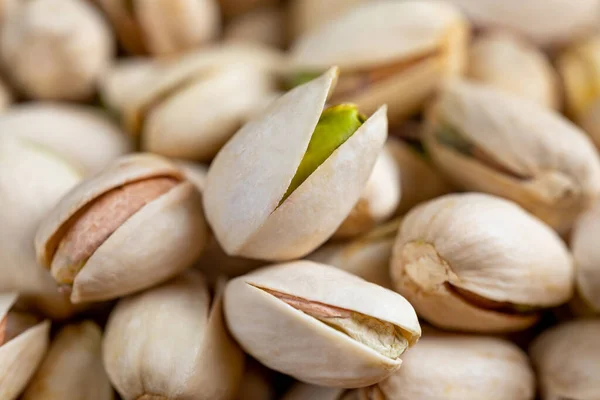 Verse Gezouten Pistachenoten Achtergrond Ondiepe Scherptediepte — Stockfoto