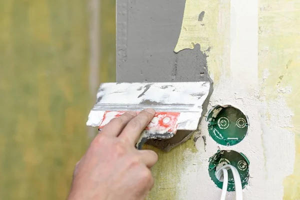 Man Plastering Wall Process Applying Plastic Mixture Perforated Corners Plastic — Stock Photo, Image