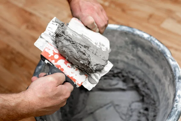 Master Mixes Plaster Bucket Flat House Renovation — Stock Photo, Image