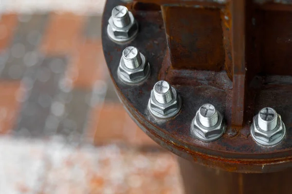 New Galvanized Bolts Connect Old Rusty Metal Parts Close Blurred Royalty Free Stock Photos