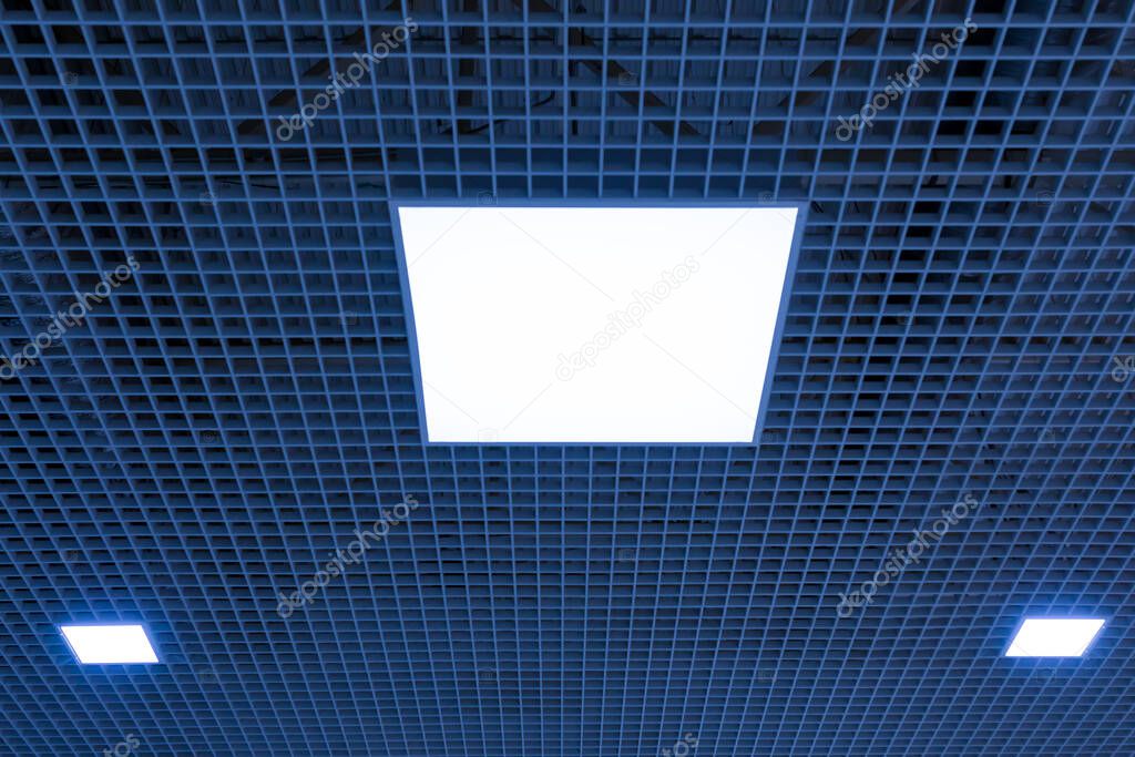 Mesh Suspended Ceiling With Fluorescent Or Led Square Lights In A Modern Shopping Center Or Office Building Tinted 458752272 Larastock