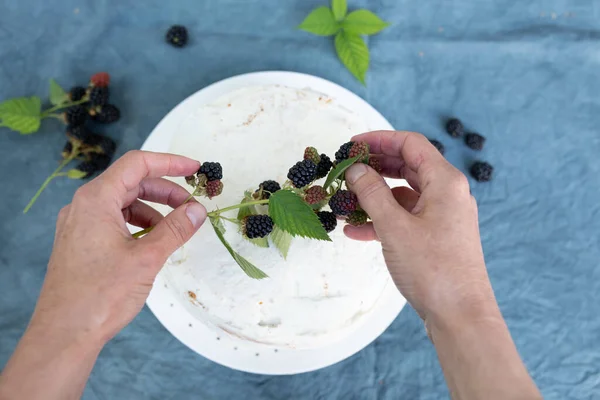 Female Hands Put Blackberry Homemade Cake Woman Decorates Pie Berries — Stock Photo, Image