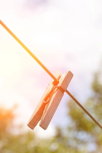 Old Wooden Clothespin Wire Backdrop Green Vegetation Open Air Summer — Stock Photo, Image