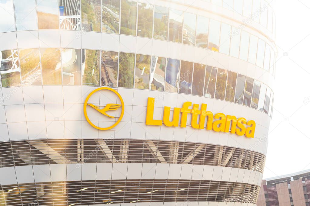 Lufthansa logo on wall at Frankfurt airport. Lufthansa is a german airline and also the largest airline in Europe. Frankfurt, Germany: August 16, 2019