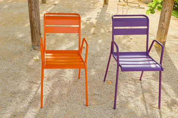 Metal Orange Purple Chairs Stand Sand Beach Empty Place Relax — Stock Photo, Image