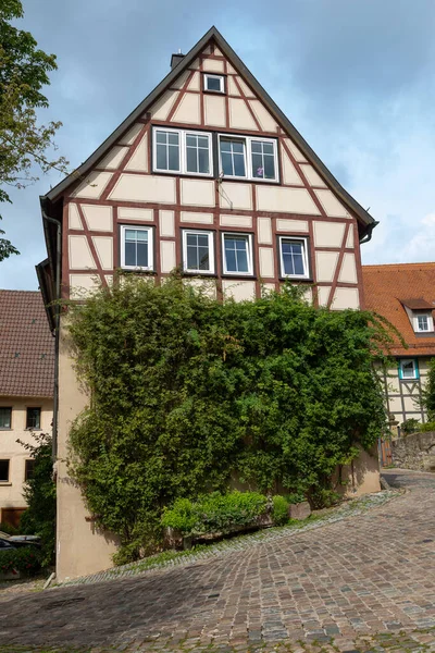 Historic Medieval Half Timbered House Overgrown Ivy Descending Street Old — Stock Photo, Image