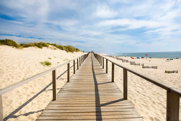 葡萄牙海滩上的沙丘上 有一条木制的小径 — 图库照片