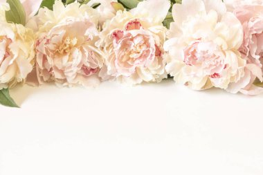 Açık kağıda yazılı arka planda bir buket bej-pembe şakayık çiçeği. Düğün temalı tebrik kartı tasarımı için görüntü, Sevgililer Günü, aşk ilanı