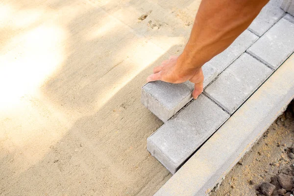 Hand Master Puts Paving Slabs Prepared Sand Mixture Process Laying — Stock Photo, Image