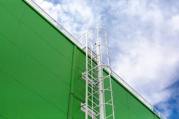 White Metal Fire Escape Green Facade Industrial Building Warehouse Sky — Stock Photo, Image
