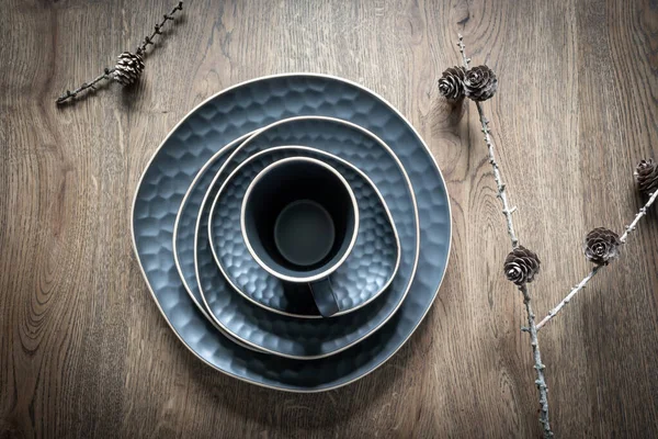 Dark Blue Set Dishes Mug Saucer Plate Bowl Dry Larch — Stock Photo, Image