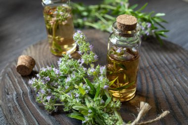 Cam şişelerde kekik yağı ve koyu ahşap arka planda kekik. Aroma yağı hazırlığı. Alternatif tıp konsepti