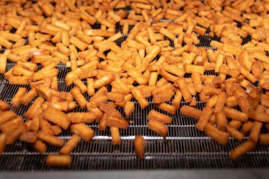 Kraker yapma süreci. Kraker üretimi. Taşıyıcıda kızarmış ekmek var. Ekmek ürünleri konveyör hattında, bir gıda fabrikasında veya ekipmanlı bir fabrikada.