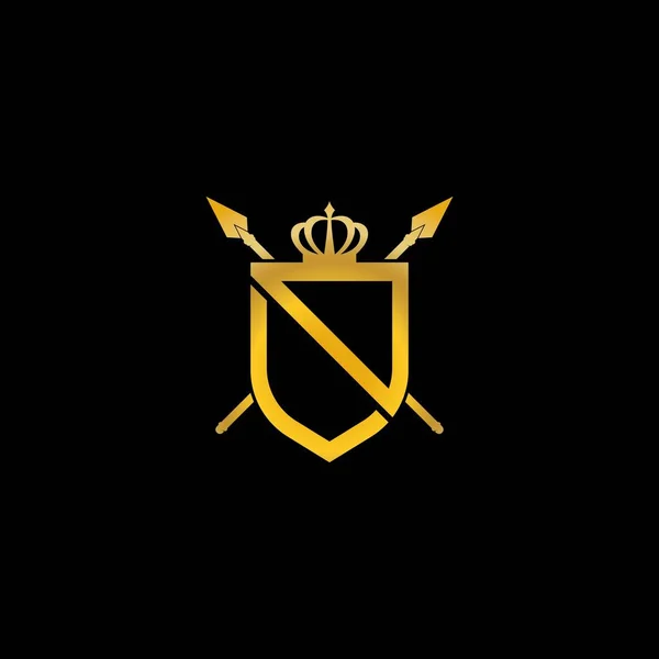Золотой Щит Рисунком Векторной Иконки Логотипа Короны Копья — стоковый вектор