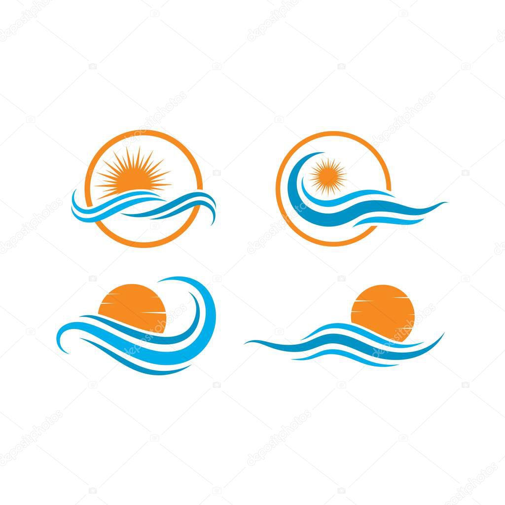 Water Wave with the sun natural icon Logo Template. vector Icon illustration design