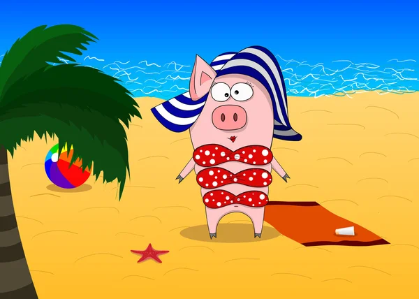 Cochon en maillot de bain et chapeau à la mer — Image vectorielle