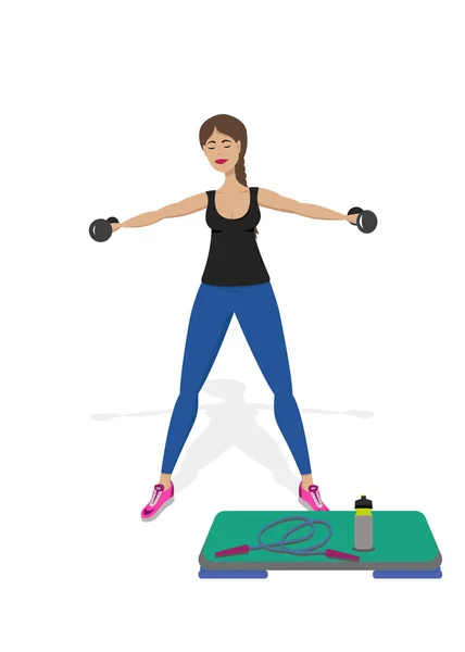 Genç kadın dumbbells ile yapıyor. Vektör çizim.