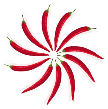 Beyaz zemin üzerinde bir daire içinde Chili peppers düzenlendiği