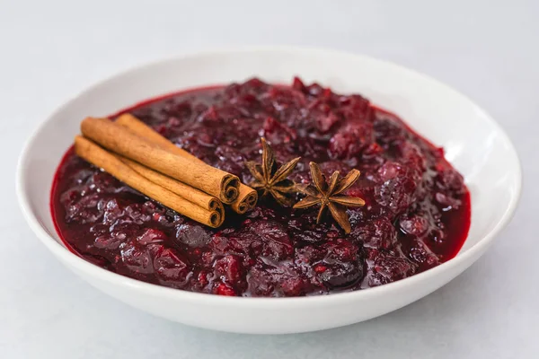 Cranberry Sauce Cinnamon Anise Star Close Bowl Light Background — Stock Photo, Image