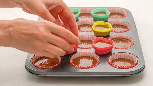 Cupcakes Chocolat Muffins Chocolat Étape Par Étape Recette Processus Cuisson — Photo