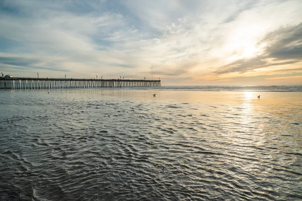 Puesta Sol Marea Alta Pismo Beach Largo Muelle Histórico Madera — Foto de Stock