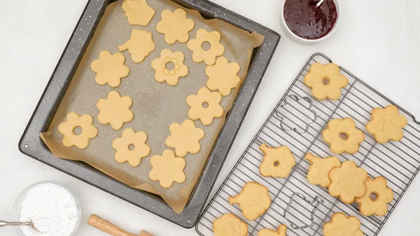 Shortbread Cookies Raspberry Jam Recipe Step Step Baking Process Flat — Fotografia de Stock