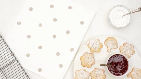 Food Background Homemade Shortbread Cookies Raspberry Jam Powdered Sugar Flat — Fotografia de Stock