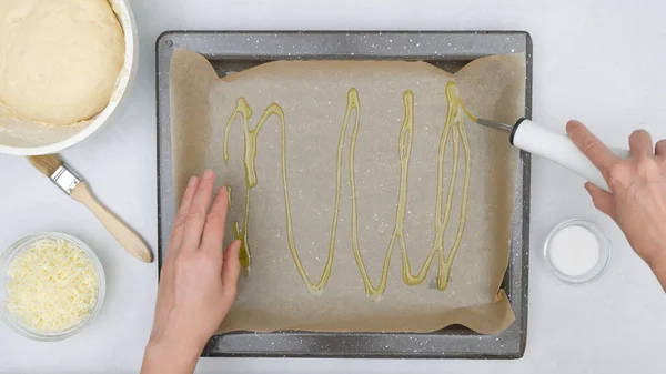 Woman Pouring Cooking Oil Baking Tray Flat Bread Mozzarella Cheese — Fotografia de Stock