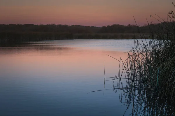 Escena Nocturna Tranquila Lago Precipita Borde Del Lago Puesta Sol — Foto de Stock