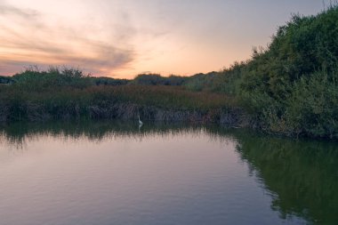 Göl üzerinde pembe gün batımı, arka planda renkli gökyüzü ve suda pürüzsüz yansıma.