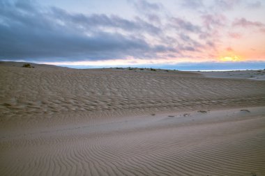 Gün batımında sahilde kum tepeleri, Guadalupe-Nipomo Kumulları, Kaliforniya Merkez Sahili